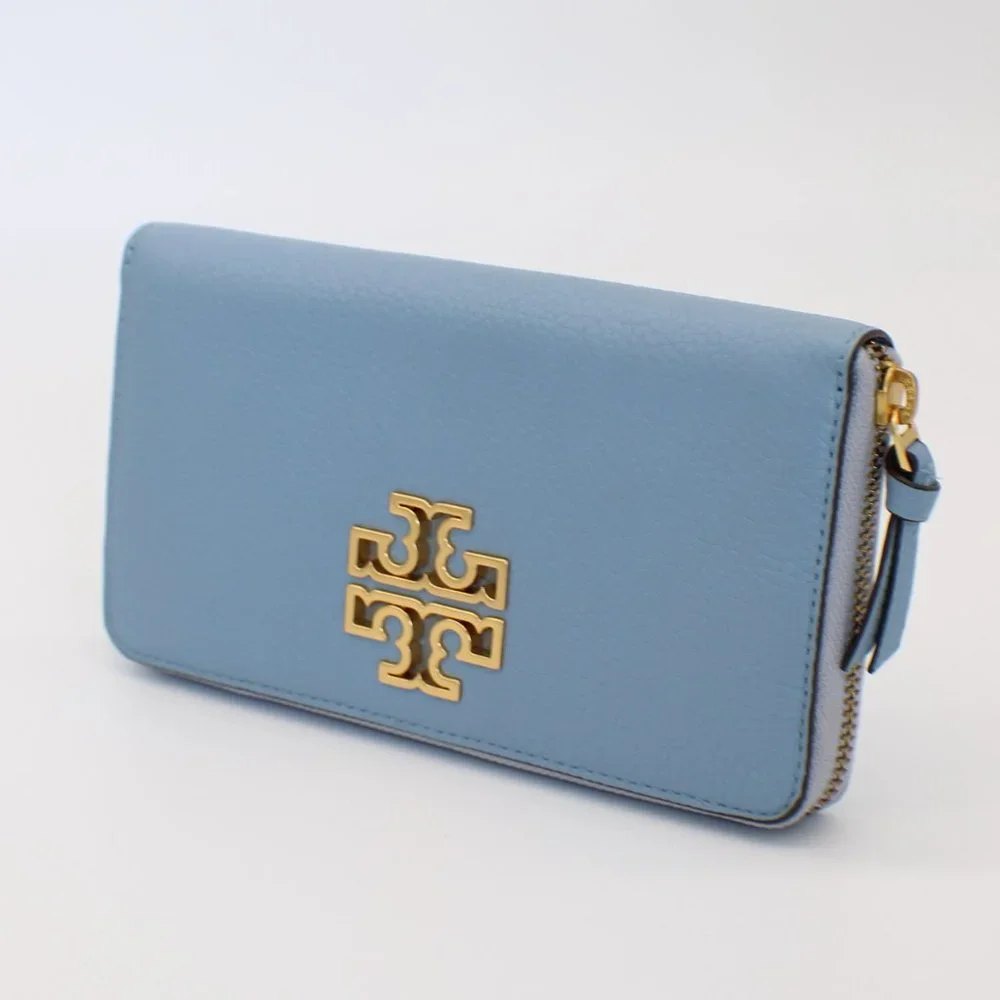 Tory Burch Sky Blue Pebbled Leather Zip Wallet with Gold Logo